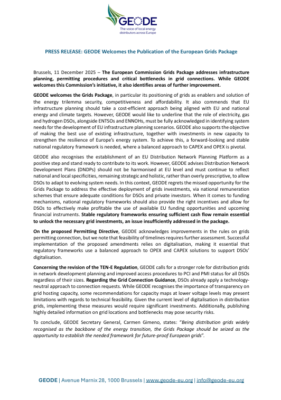 Press Release – GEODE Welcomes the Publication of the European Grids Package