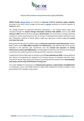 Wiener Netze Achieves Record Electricity Supply Reliability